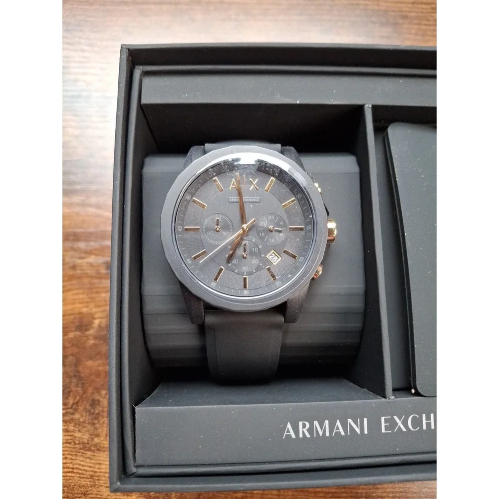 Armani Exchange Men's Watch Outerbanks Chrono Silicone Black/Gold, AX7105, New